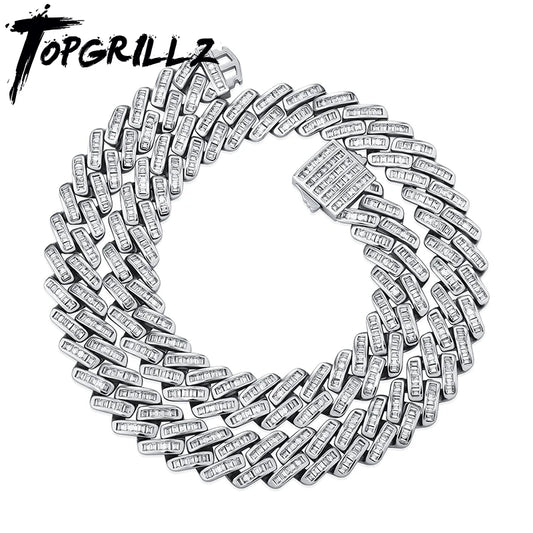 TOPGRILLZ 12mm Baguette Prong Cuban Link Necklace Luxury Iced Out CZ Mens Necklace Hip Hop Rock Fashion Jewelry For Gift