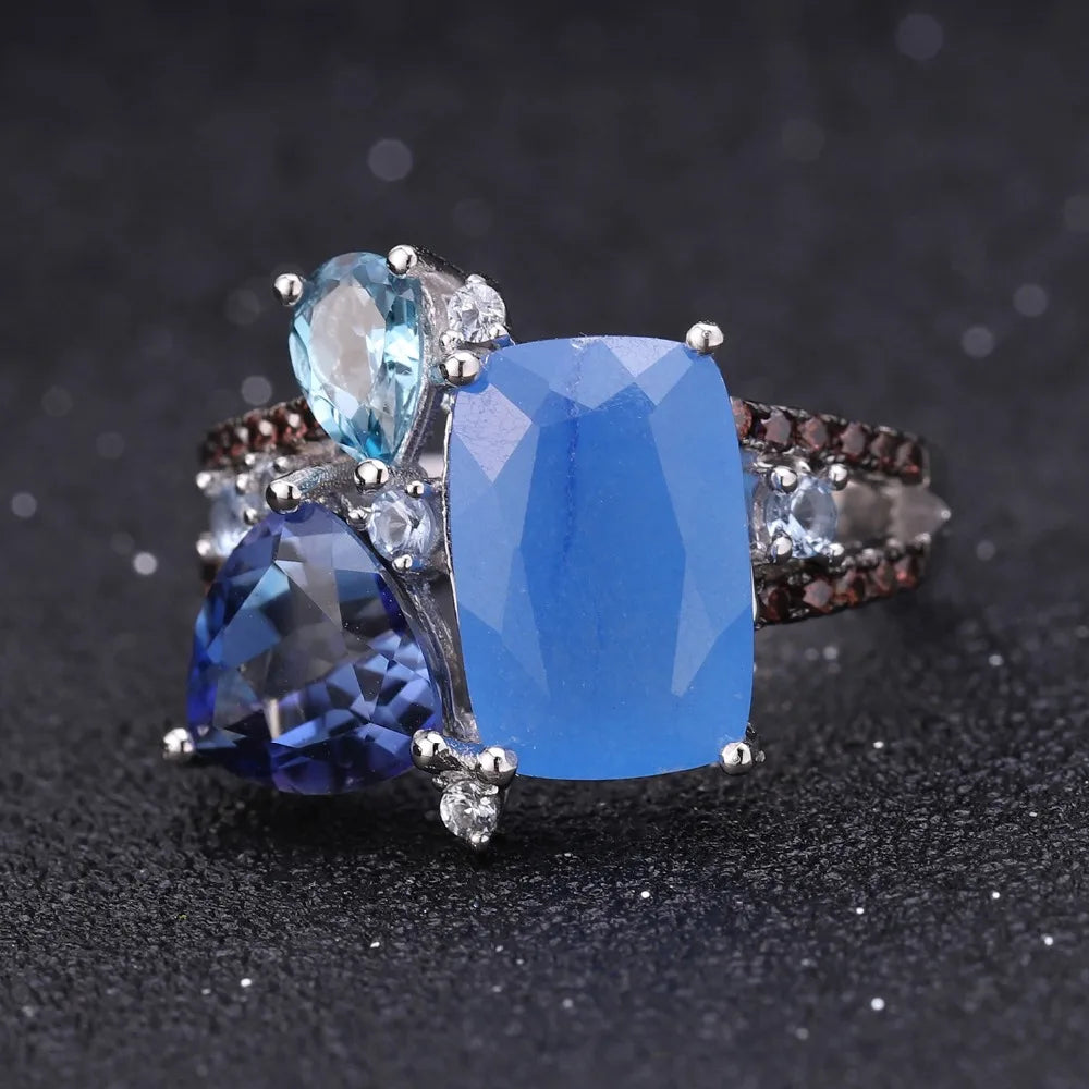 GEM'S BALLET Natural Aqua-blue Calcedony Candy Fine Jewelry 925 Sterling Silver Ring Earrings Pendant Jewelry Sets For Women