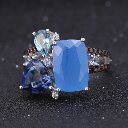 GEM'S BALLET Natural Aqua-blue Calcedony Candy Fine Jewelry 925 Sterling Silver Ring Earrings Pendant Jewelry Sets For Women