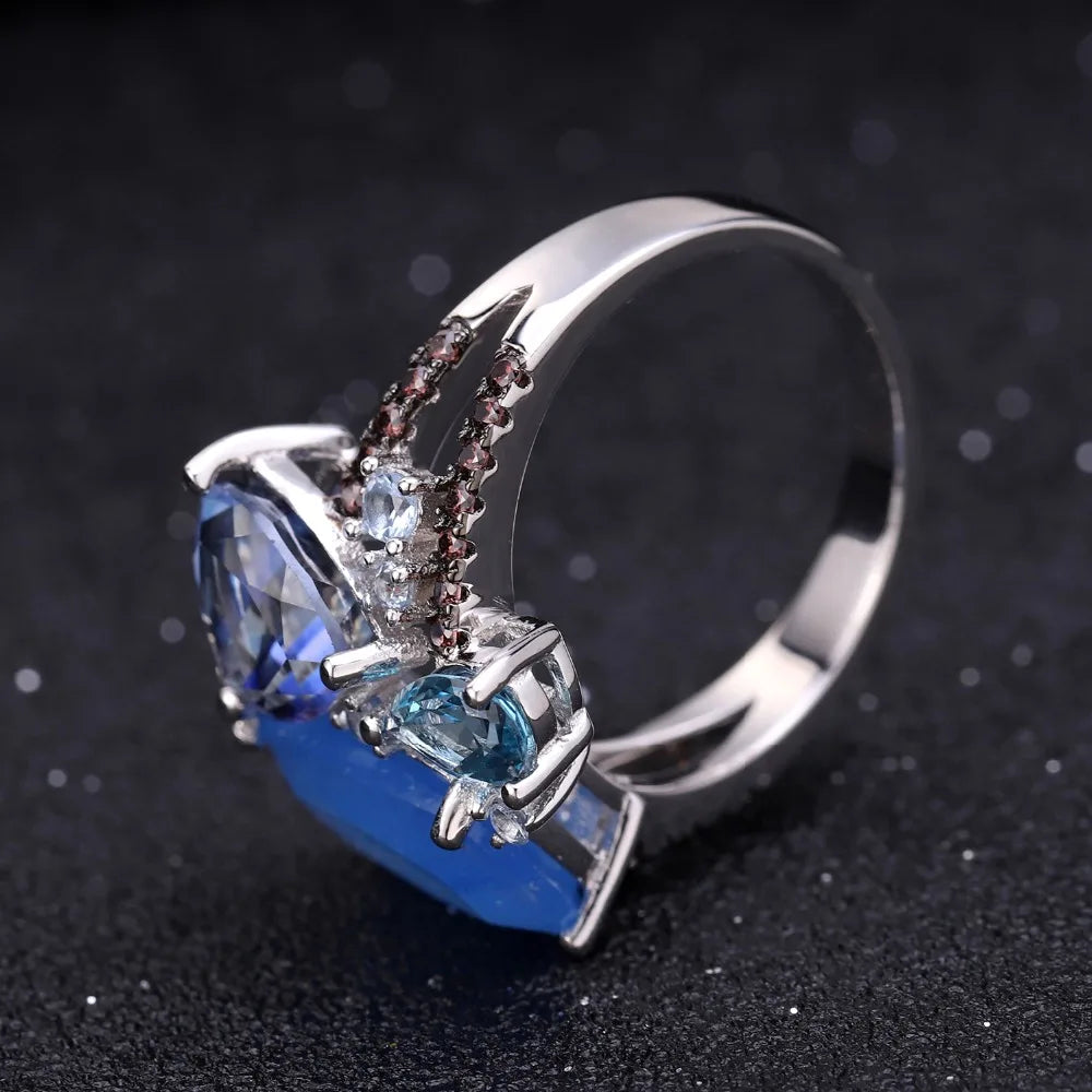 GEM'S BALLET Natural Aqua-blue Calcedony Candy Fine Jewelry 925 Sterling Silver Ring Earrings Pendant Jewelry Sets For Women