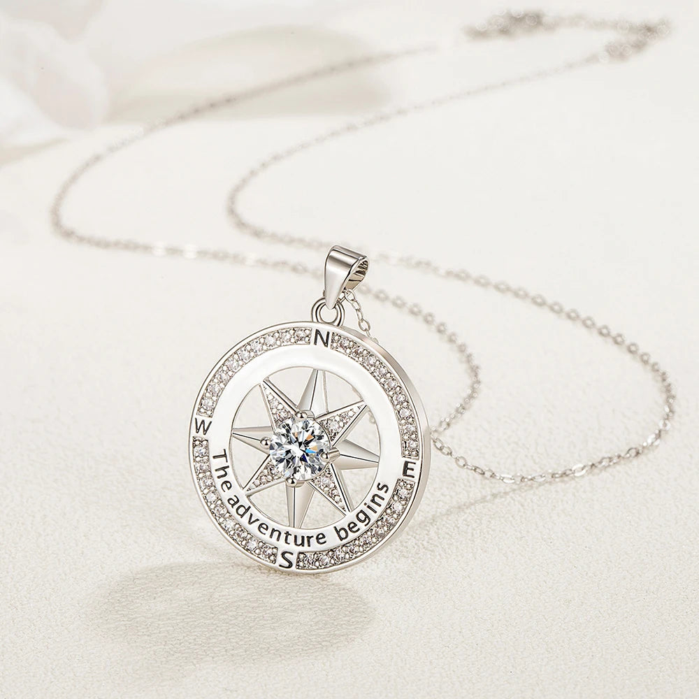 New 925 Sterling Silver Necklace Compass Necklace with Cubic Zirconia Stone for Women High Quality Jewelrys Gifts Stock in USA