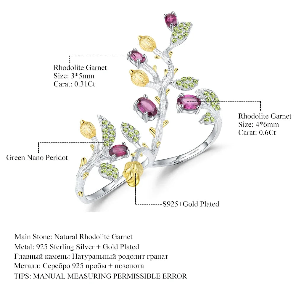 GEM'S BALLET 2.14Ct Natural Rhodolite Garnet 925 Sterling Silver Adjustable Ring Statement Tree Double Finger Rings for Women