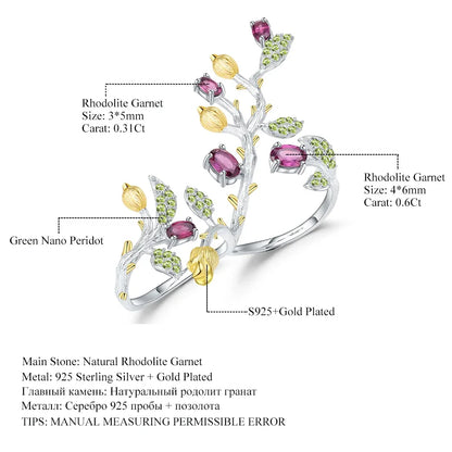 GEM'S BALLET 2.14Ct Natural Rhodolite Garnet 925 Sterling Silver Adjustable Ring Statement Tree Double Finger Rings for Women