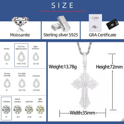 Sparkling Men Hip Hop Moissanite Cross Shiny Pendant 925 Sterling Silver Charm Exquisite Necklace Man Jewelry For Christmas Gift