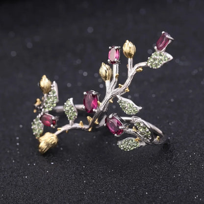 GEM'S BALLET 2.14Ct Natural Rhodolite Garnet 925 Sterling Silver Adjustable Ring Statement Tree Double Finger Rings for Women