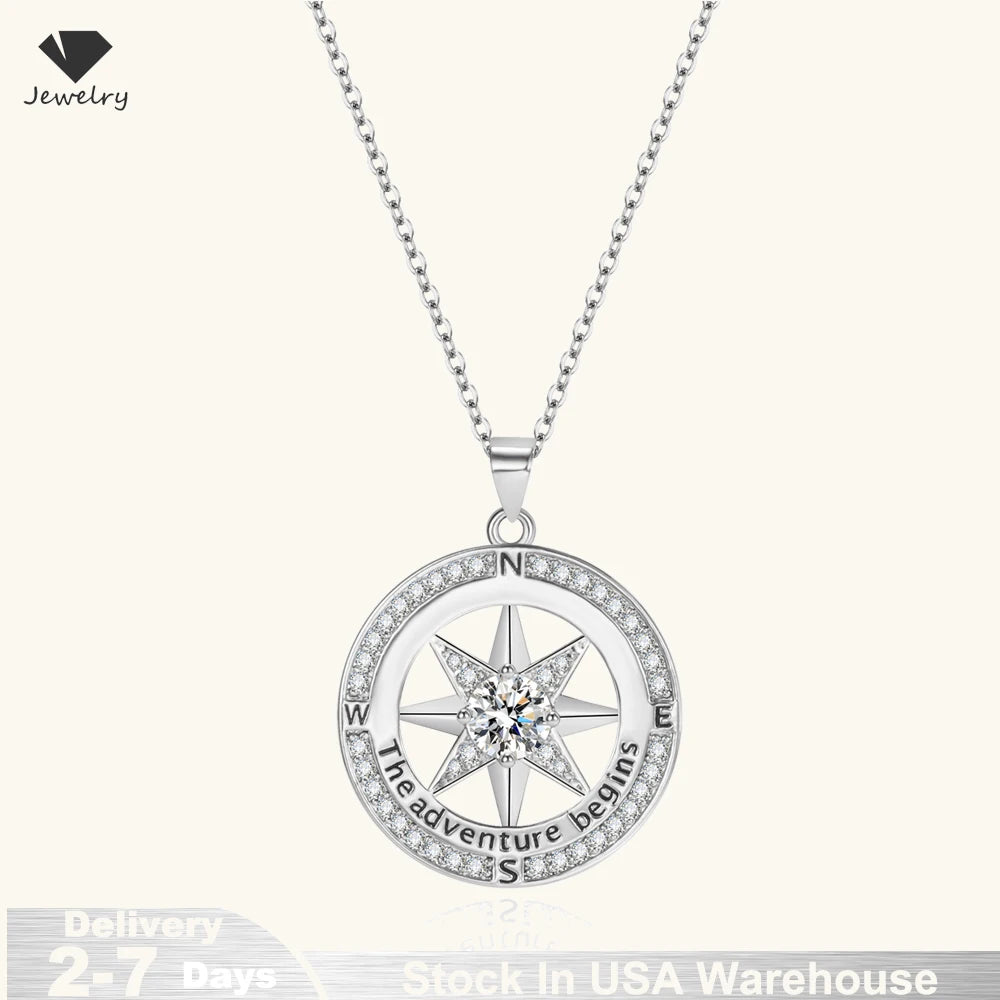 New 925 Sterling Silver Necklace Compass Necklace with Cubic Zirconia Stone for Women High Quality Jewelrys Gifts Stock in USA