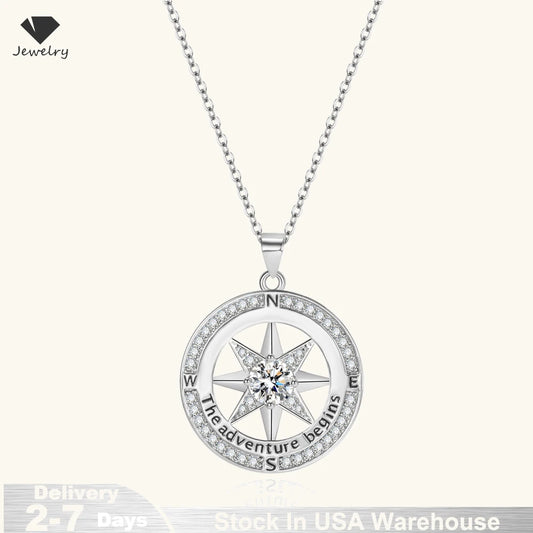 New 925 Sterling Silver Necklace Compass Necklace with Cubic Zirconia Stone for Women High Quality Jewelrys Gifts Stock in USA