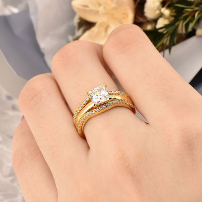Newshe 925 Silver Rings for Women K Gold Luxury Jewelry Solitaire Princess Cut CZ Engagement Ring with Enhancer Wedding Bands