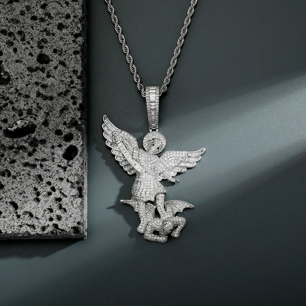 TOPGRILLZ St Michael The Archangel Pendant Necklace High Quality Copper with Micro Pave Cubic Zirconia Hip Hop Couple Jewelry