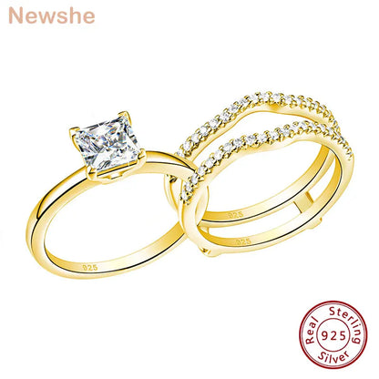 Newshe 925 Silver Rings for Women K Gold Luxury Jewelry Solitaire Princess Cut CZ Engagement Ring with Enhancer Wedding Bands