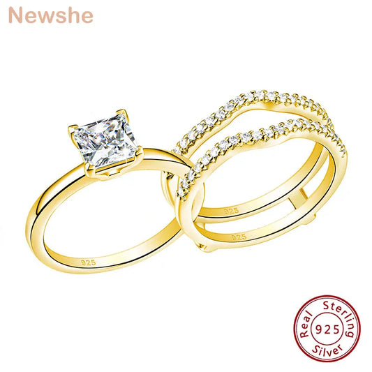 Newshe 925 Silver Rings for Women K Gold Luxury Jewelry Solitaire Princess Cut CZ Engagement Ring with Enhancer Wedding Bands