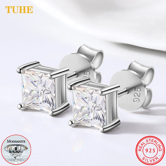 Princess Cut 1-2.4 Ct Moissanite Earrings for Women Men 925 Sterling Silver Sparkling Diamond Ear Studs Fine Party Jewelry Gifts