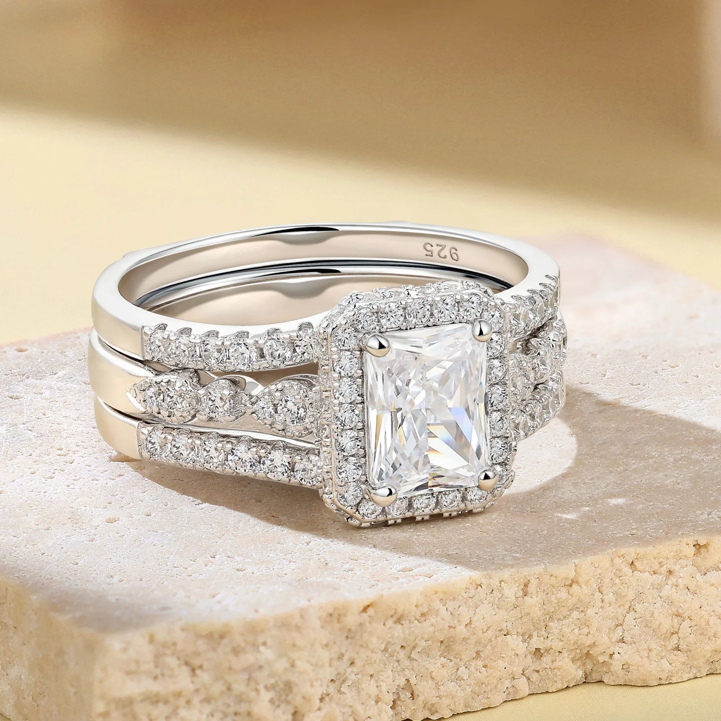 Newshe 2Pcs  GRA Certified Moissanite Radian Cut Wedding Rings Set for Women 925 Sterling Silver Bridal Ring