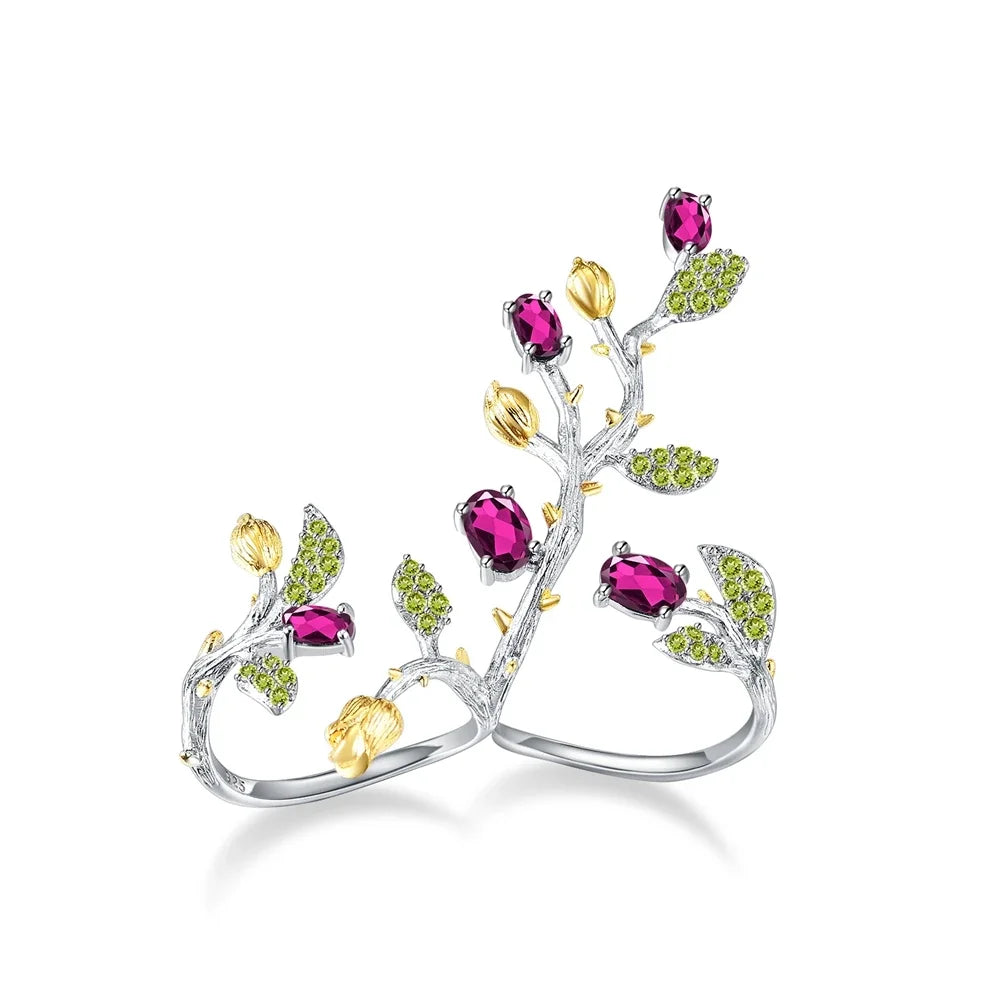 GEM'S BALLET 2.14Ct Natural Rhodolite Garnet 925 Sterling Silver Adjustable Ring Statement Tree Double Finger Rings for Women