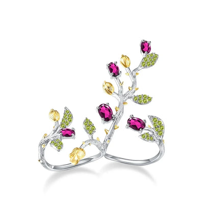 GEM'S BALLET 2.14Ct Natural Rhodolite Garnet 925 Sterling Silver Adjustable Ring Statement Tree Double Finger Rings for Women
