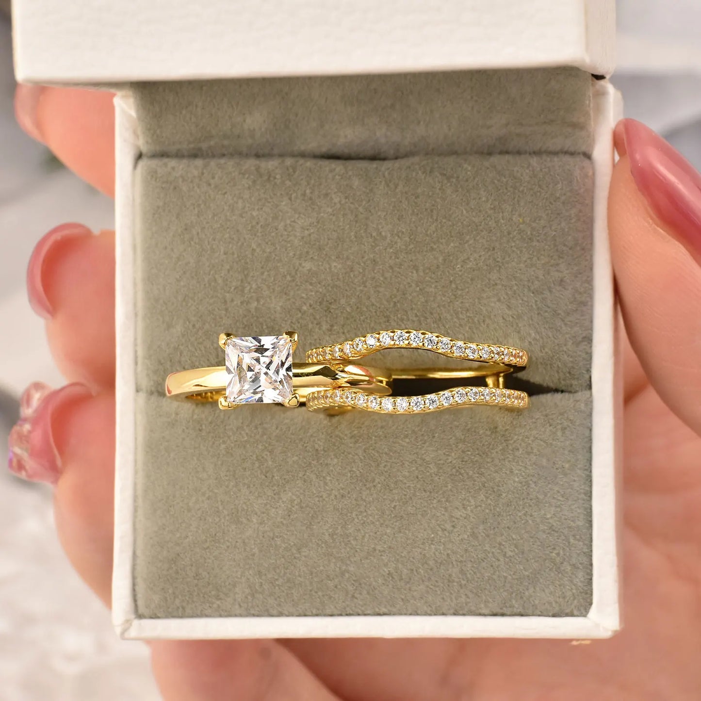 Newshe 925 Silver Rings for Women K Gold Luxury Jewelry Solitaire Princess Cut CZ Engagement Ring with Enhancer Wedding Bands