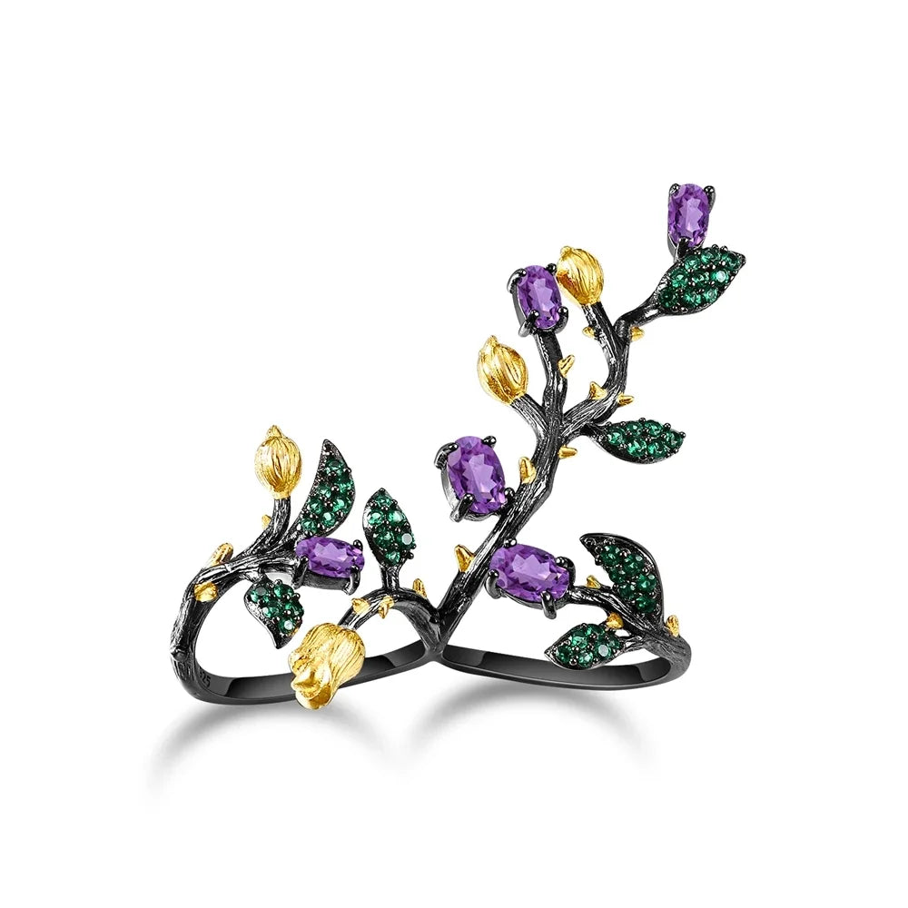 GEM'S BALLET 2.14Ct Natural Rhodolite Garnet 925 Sterling Silver Adjustable Ring Statement Tree Double Finger Rings for Women