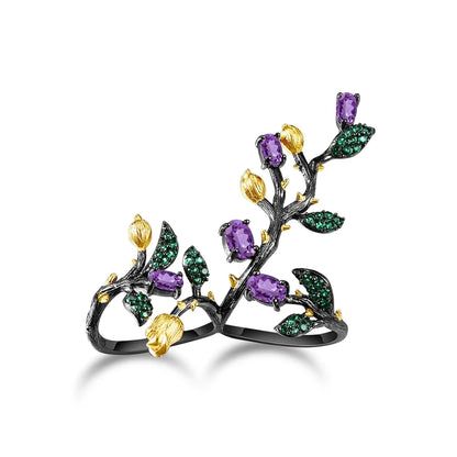 GEM'S BALLET 2.14Ct Natural Rhodolite Garnet 925 Sterling Silver Adjustable Ring Statement Tree Double Finger Rings for Women