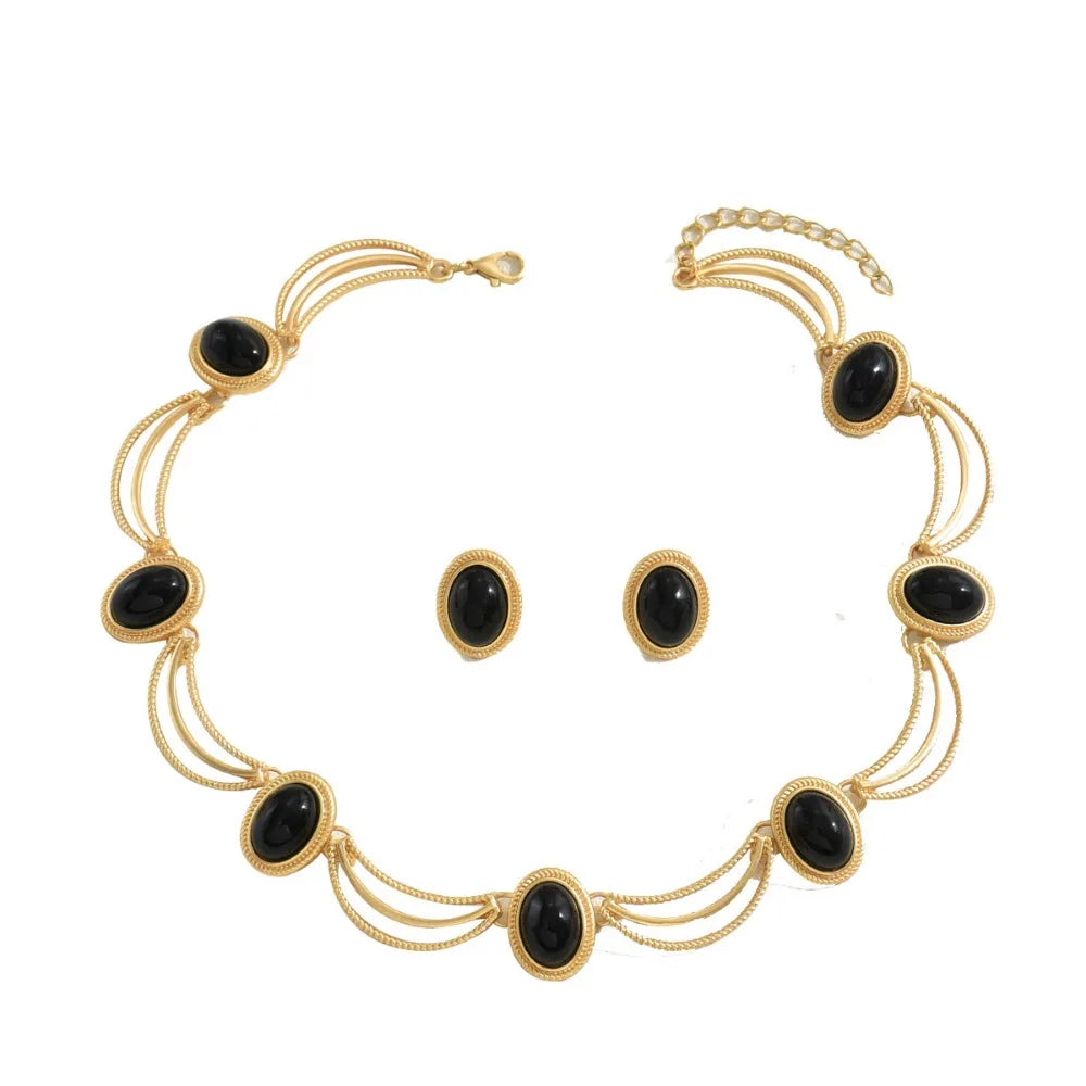 Elegant Gold and Black Jewelry Set with Oval Gemstones Choker Style Necklace and Matching Earrings Trendy Fashion Accessory
