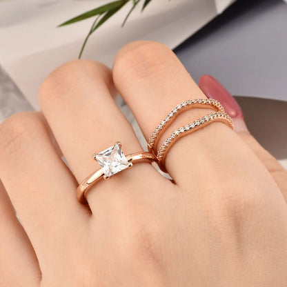 Newshe 925 Silver Rings for Women K Gold Luxury Jewelry Solitaire Princess Cut CZ Engagement Ring with Enhancer Wedding Bands