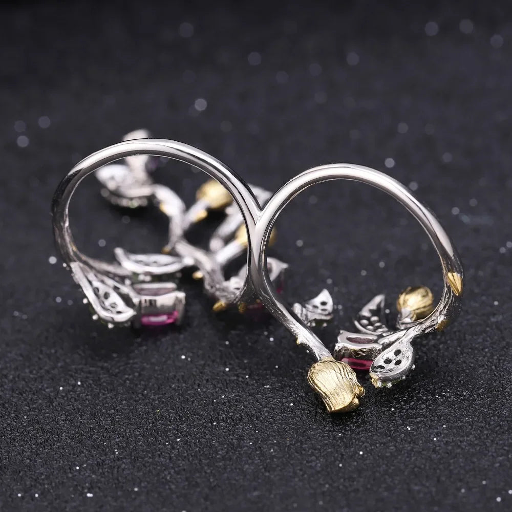 GEM'S BALLET 2.14Ct Natural Rhodolite Garnet 925 Sterling Silver Adjustable Ring Statement Tree Double Finger Rings for Women
