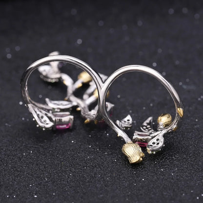 GEM'S BALLET 2.14Ct Natural Rhodolite Garnet 925 Sterling Silver Adjustable Ring Statement Tree Double Finger Rings for Women