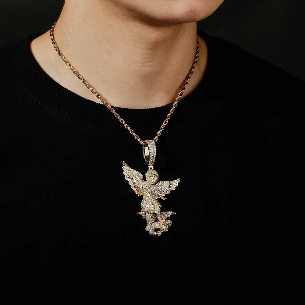 TOPGRILLZ St Michael The Archangel Pendant Necklace High Quality Copper with Micro Pave Cubic Zirconia Hip Hop Couple Jewelry