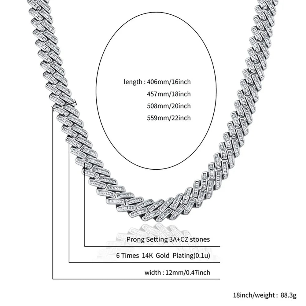 TOPGRILLZ 12mm Baguette Prong Cuban Link Necklace Luxury Iced Out CZ Mens Necklace Hip Hop Rock Fashion Jewelry For Gift