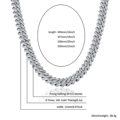 TOPGRILLZ 12mm Baguette Prong Cuban Link Necklace Luxury Iced Out CZ Mens Necklace Hip Hop Rock Fashion Jewelry For Gift